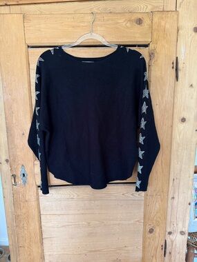 LIV Milano Black Knit Top - with rhinestone stars on sleeves small